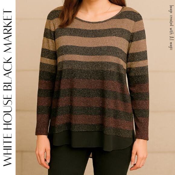 White House Black Market Metallic Stripe Sweater Chiffon Hem Pullover Size XS - Picture 1 of 9